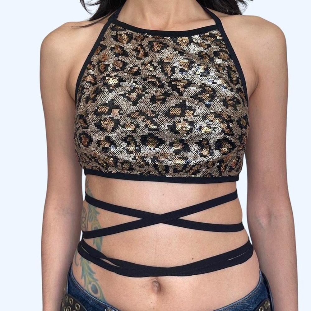 Hearts Rob Black & Gold Leopard Sequin Halter 🐆